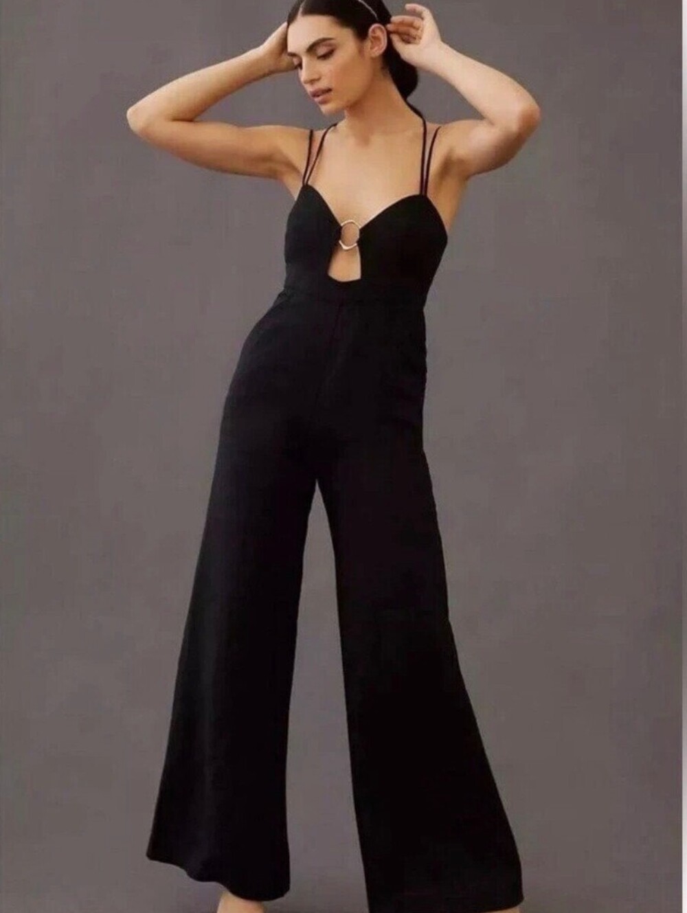 Anthropologie Rumer Black Byron Gold Ring Jumpsuit Cutout Open Back